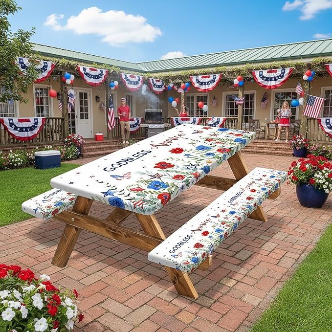 JAWO 4th of July Picnic Table Cover with Bench Covers, Red Blue Watercolor Flowers Fitted Waterproof Tablecloth with Elastic Edge, 3 PCS Set for Outdoor Camping, Independence Day Decorations,96in