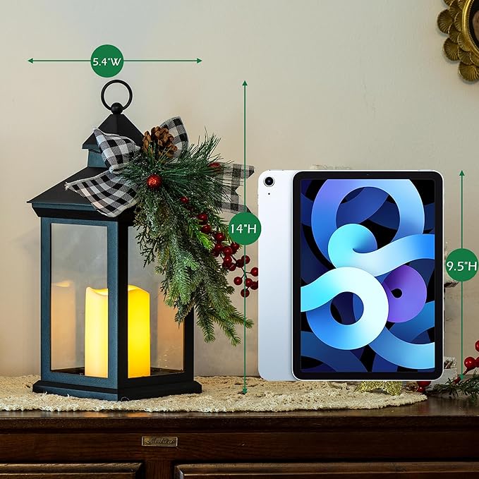 Christmas Decorative Lantern with LED Candle – Black Lantern with Pinecones, Black Bow – Battery Operated Christmas Table Centerpiece for Indoor Decor(1pack)