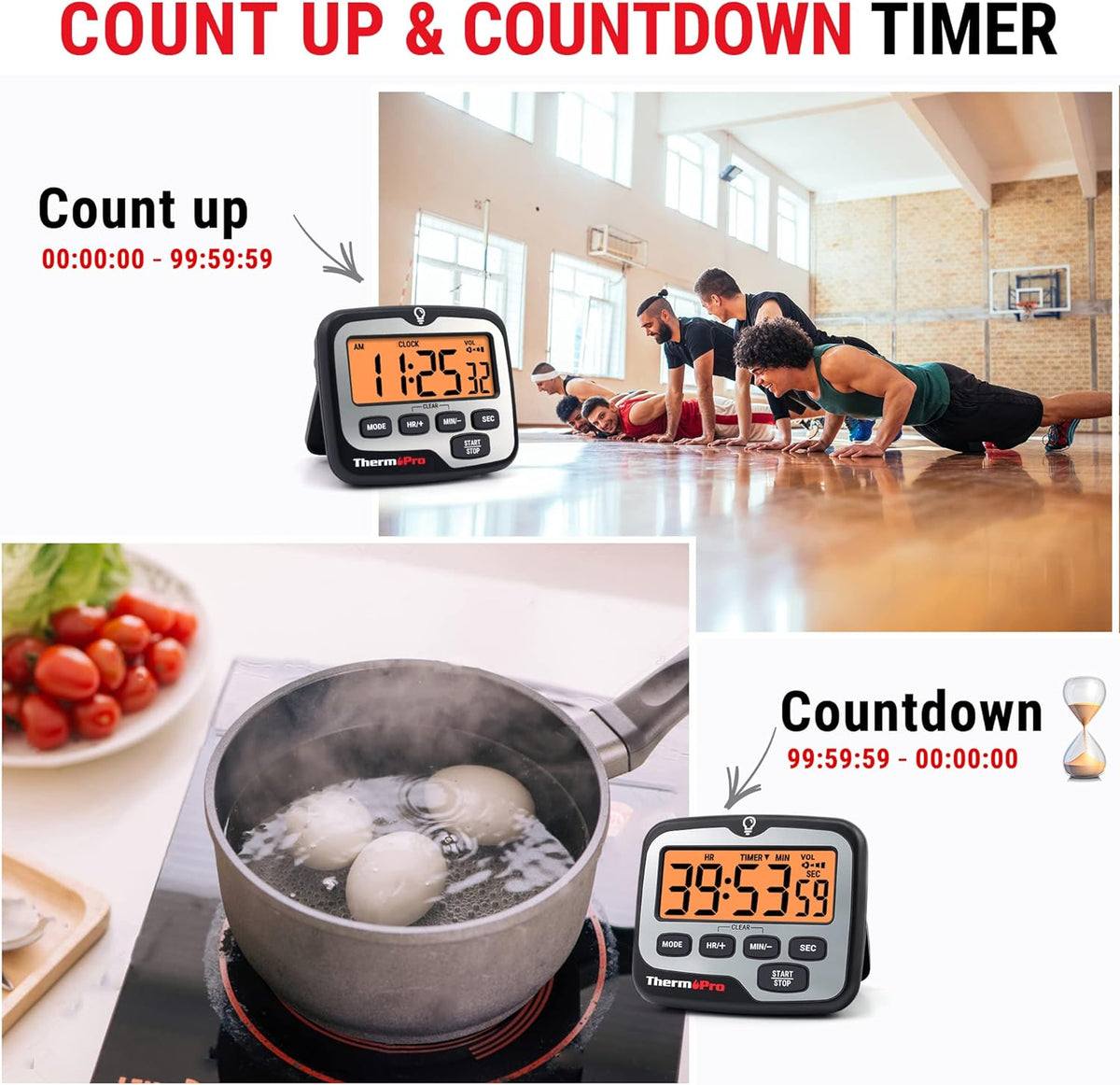 ThermoPro TM01(2 Pack) Kitchen Timers for Cooking with Count Up Countdown Timer, Digital Timer for Kids with Touch Backlit