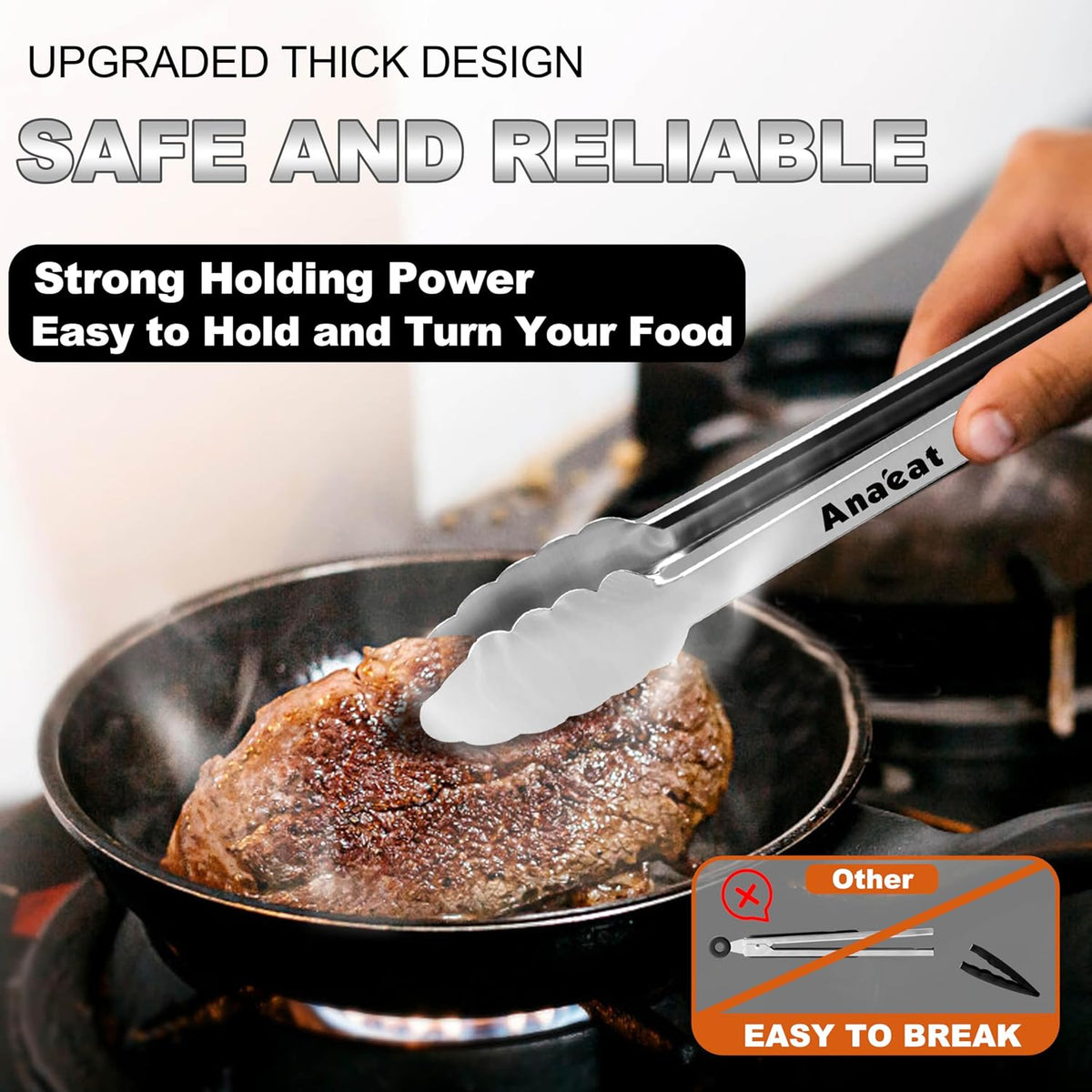 Anaeat Premium Stainless Steel Kitchen Tong Set of 2 - Sturdy Coiled Spring 9" and 12" Locking Food Tong with Non-Slip Silicone Grip for Cooking