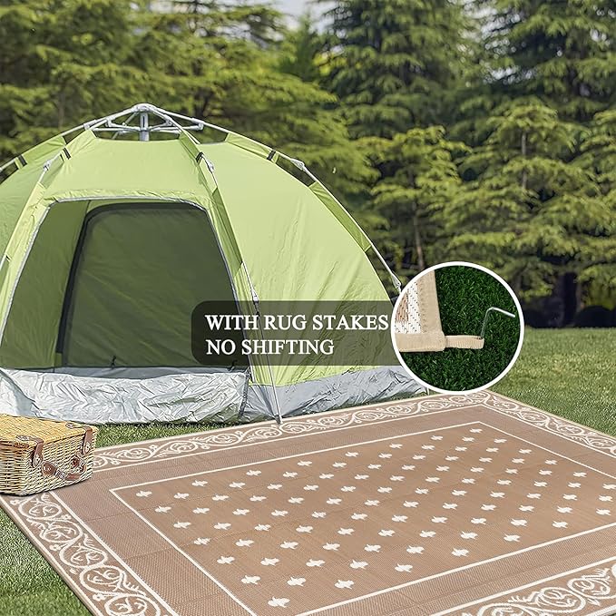 Pauwer Waterproof Outdoor Rug 9x12, Reversible Plastic Straw Patio Camping Rug, Indoor Outdoor RV Mat Carpet for Deck, Camper, Porch, Balcony, Backyard, Picnic, Bordered Beige
