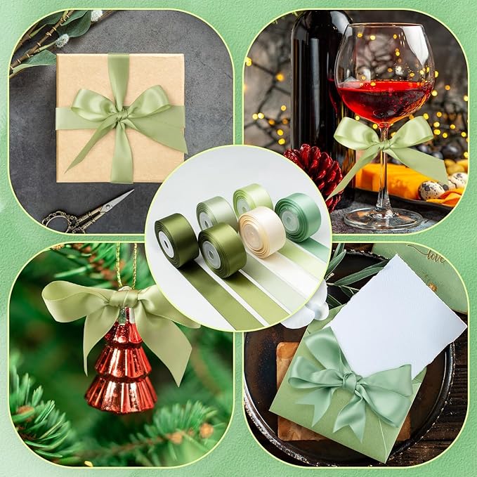 Green Satin Ribbon 1 Inch x 60 Yards Sage Green Ribbon Assorted Solid Color Double Faced Silk Satin Ribbons for Crafts, Gift Wrapping, Wedding, Bridal Shower, Flower Bouquet, Invitation, Hair Bows