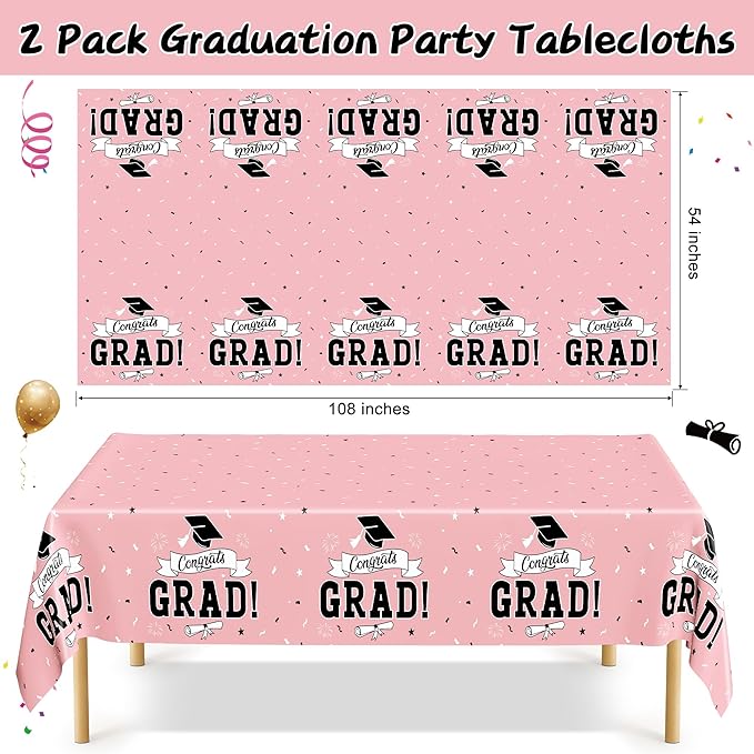 2 PCS Graduation Tablecloth, 108" X 54" Pink Graduation Decorations 2026, Disposable Plastic Tablecover for Class of 2026 Congrats Grad, Rectangle Table Cloths for Grad Decor Party Supplies for Kids