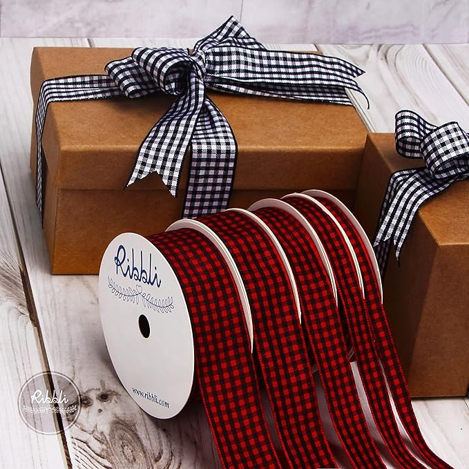 Ribbli Red and Black Gingham Ribbon,Polyester Woven Edge,3/8 Inch x 10 Yard,Plaid Ribbon,Use for Gift Wrapping,Party Decoration