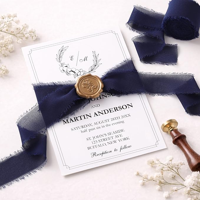 DORIS HOME Dark Navy Chiffon Ribbon for Flower Bouquet, 1" x21Yd Fabric Ribbon for Gift Wrapping, Handmade Frayed Ribbon for Wedding Invitations/Christmas Decorations