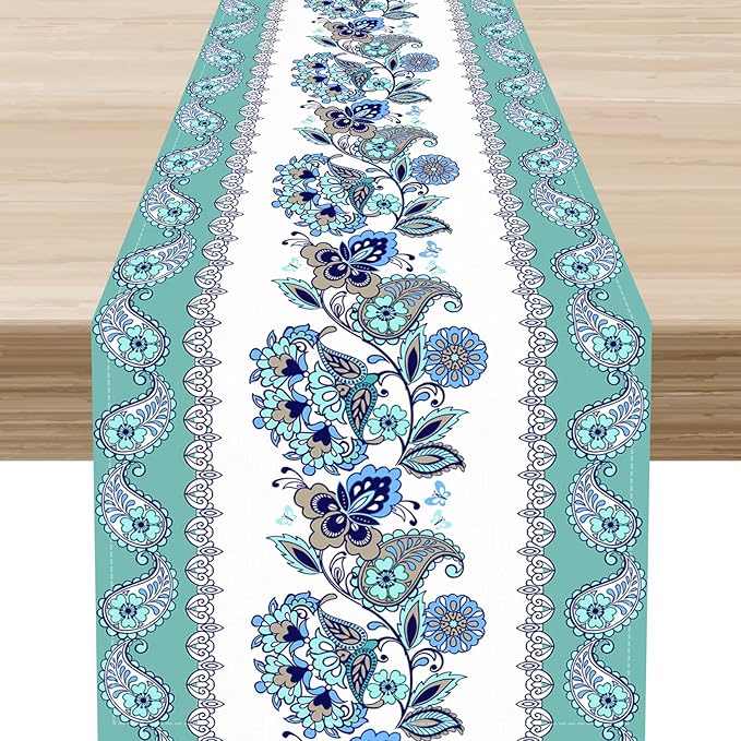 Paisley Table Runner, Vintage Teal Damask Floral Flower Boho Antique Damask Swirled Pattern Rustic Coffee Table Center Decor for Family Kitchen and Living Room Outdoor Table Decorations, 13"x108"