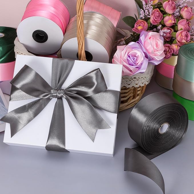 YASEO 1 Inch Steel Gray Solid Satin Ribbon, 50 Yards Craft Fabric Ribbon for Gift Wrapping Floral Bouquets Wedding Party Decoration