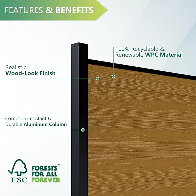 Mondaria Fence Privacy Screen with 8ft In-ground Posts, 6ft(H) x 24ft(W) Wood Plastic Composite Fence Panels Weather-Resistant Outdoor Fence for Backyard/Garden (Yellow Teak, 5 Posts)