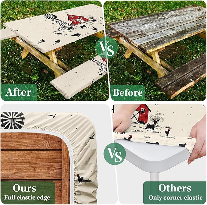 Picnic Table Cover with Bench Covers Elastic Edges, Farmhouse Camper Fitted Table Cover, Patio Camping Essentials 72 Inch 3PCS, Waterproof Camping Fitted Tablecloth with Drawstring Bag