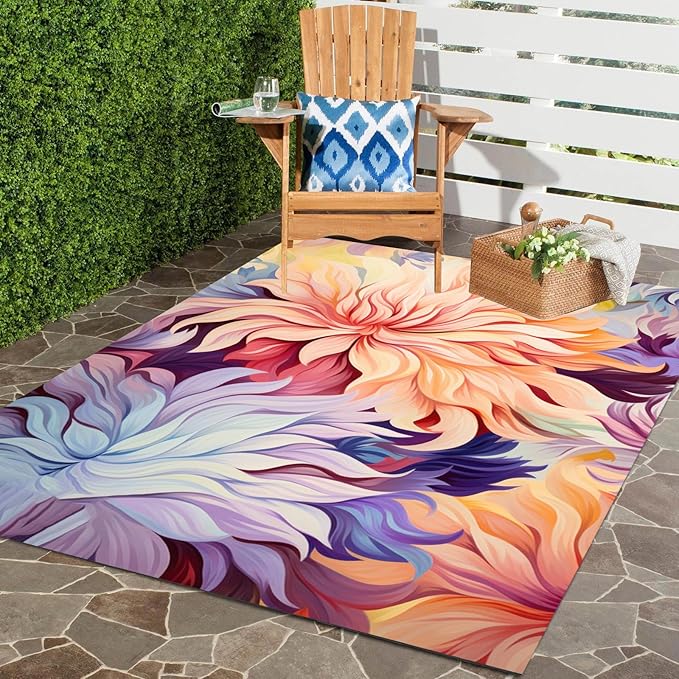 Waterproof Floral 4x6 Outdoor Rug Modern Vibrant Rugs for Balcony Patio Porch Garden Camping Pool Machine Washable Non Shed Outside Carpet Unique Easy Clean Flower Mat Lavender Peach