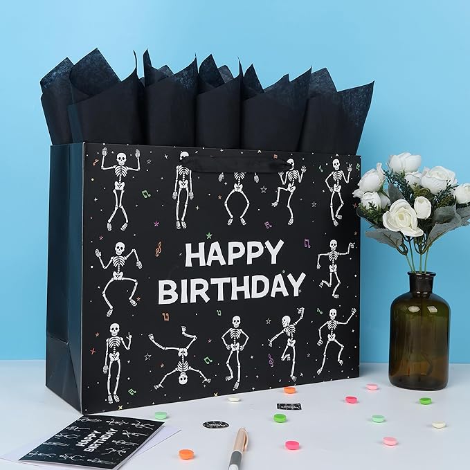 wishinside 16.5'' Extra Large Black Birthday Gift Bag Set with Handles, Greeting Card, Tissue Papers and Stickers for Men Boys Kids Teens for Birthday Party, 1 Pcs