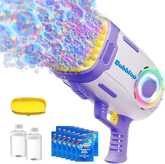 Play-Act 69 Holes Bubble Machine Guns Toys, Bazooka Rocket Shape Bubble Gun for Kids Adults, Colored Lights Blaster Blower with Solution Outdoor, Summer Toys, Party Favors, Wedding, Birthday