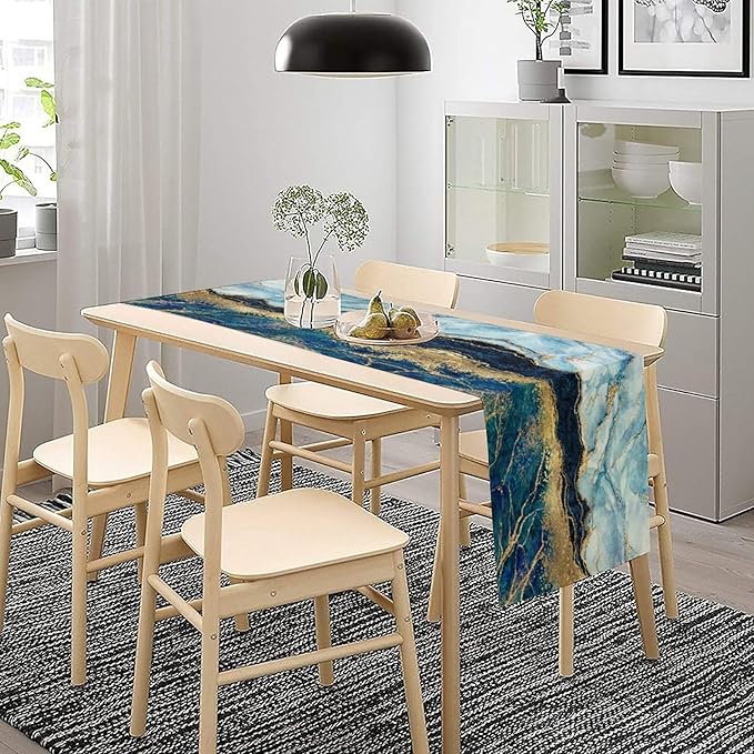 Marble Table Runner, Blue Texture Abstract Art Print Table Runner for Indoor Home Living Room Party Dining Kitchen 13x60in
