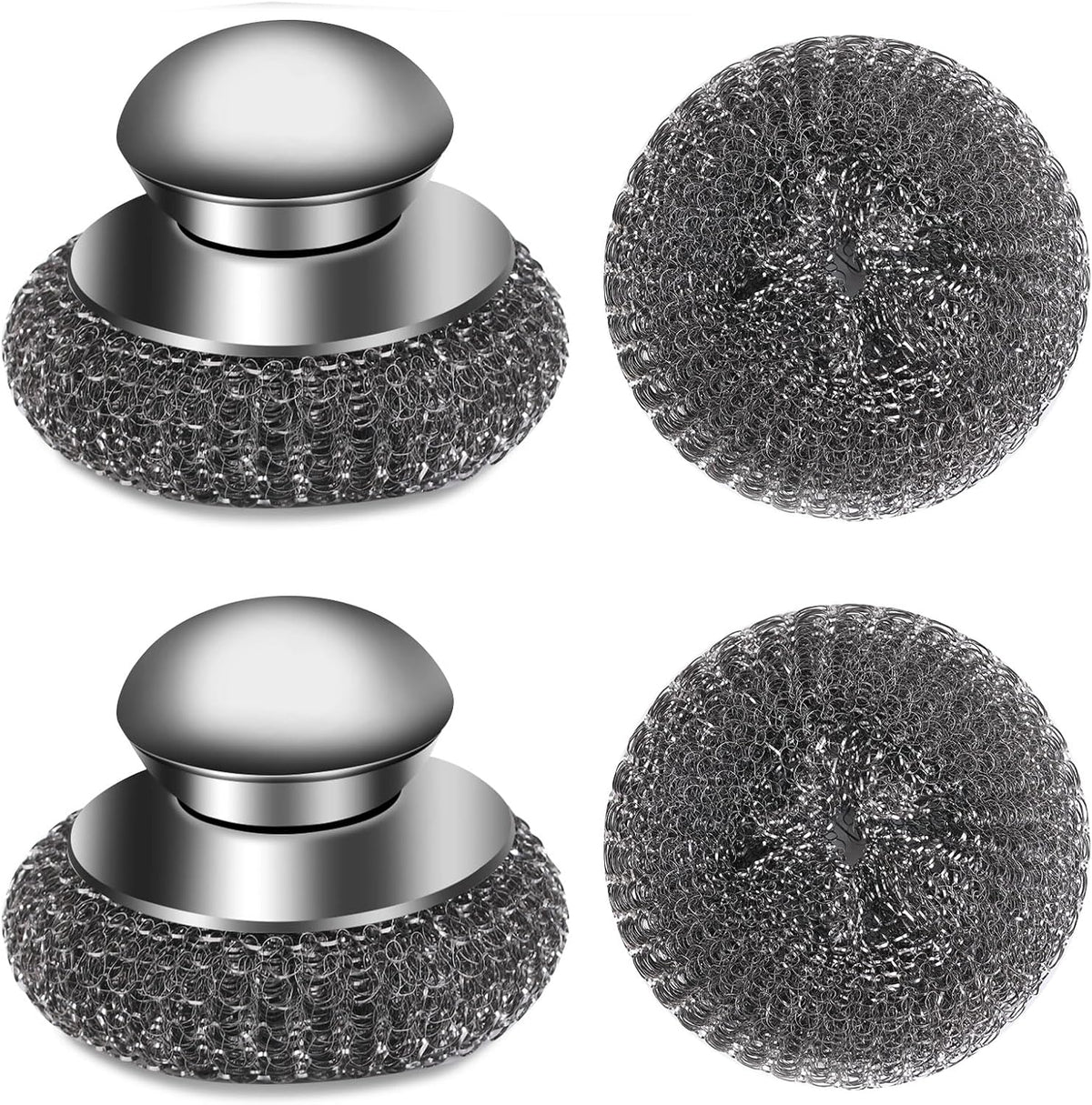 4pcs Steel Wool Scrubber with Replacement Wire Sponge Pads Set, Stainless Steel Scrubber with Handle for Scouring Stubborn Messes from Cast Iron, Pots, Pans, Grill, Stoves, Sink(2 Scrubber+2 Pads)