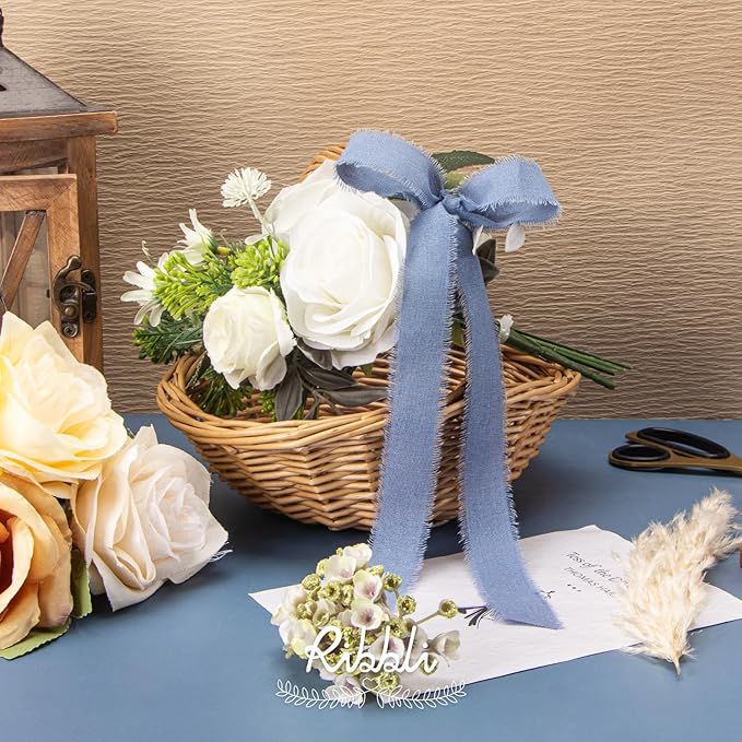 Ribbli 3 Rolls Dusty Blue Ribbon 1 Inch x 18 Yards Handmade Cotton Frayed Fringe Ribbons for Gift Wrapping Wedding Invites Bridal Bouquets Baby Shower DIY Crafts Home Decor