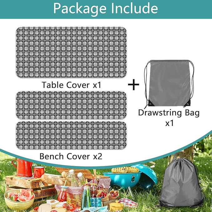 Picnic Table Cover with Bench Covers and Bag, Camping Essentials, Buffalo Plaid Waterproof and Windproof, Fitted Tablecloth Cover with Elastic Edge, for Outdoor, 3 PCS, (Black & White, 30"x60")