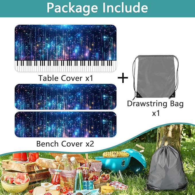 Piano Keyboard Picnic Table Cover with Bench Covers, Camping Essentials, Music Themed Waterproof Windproof, Fitted Tablecloth Cover with Elastic Edge, for Outdoor, Garden, 3 PCS, 30x60 Inch