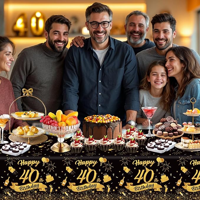 NatNarr 3 Pack 40th Birthday Plastic Tablecloth, 54x108 Inch Black Gold Disposable Rectangle Table Cover Waterproof Table Cloth for Birthday 40 Anniversary Party Supplies