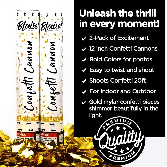 Blaise Pyro & Party Gold Confetti Poppers - Easy to Use Paper Confetti Poppers for Weddings, Birthdays, Anniversaries & More - Colorful Confetti Cannon for Memorable Photos - 2 Pack, 12 Inch
