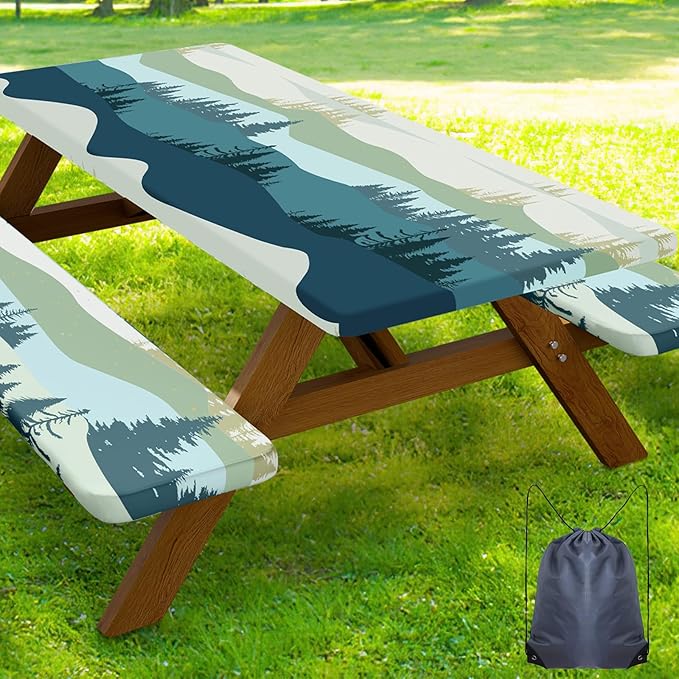 Smiry Picnic Table Cover with Bench Covers, Waterproof Elastic Fitted Tablecloth for 6 Foot Tables, Washable Polyester Tablecloths for Camping, Indoor & Outdoor (Green Blue, 30x72 Inch 3-pc Set)