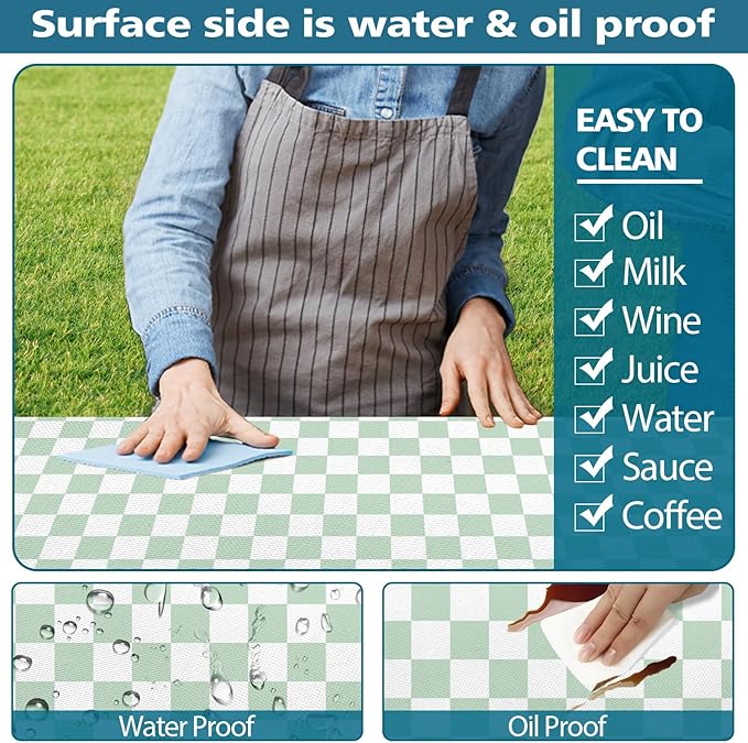 Picnic Table Cover with Bench Covers and Bag, Sage Green and White Checkered Buffalo Plaid Camping Tablecloth Waterproof Elastic Edges Fitted Gingham Tablecloth for Outdoor Garden 3PCS 30x72 Inch
