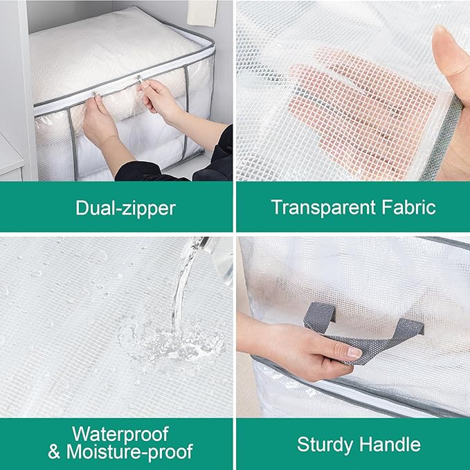 3 Pack 80L Large Clear Comforter Storage Bags,Clothes Storage Bins Foldable Closet Organizer Storage Containers and for Clothes, Blanket, Bed Sheets,Toys, Pillows(Gray)