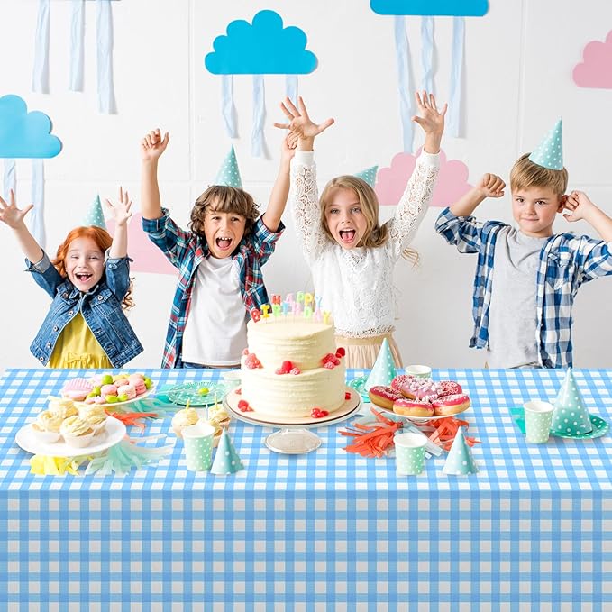 6Pack Light Blue and White Plastic Checkered Tablecloth, Premium Decorative Disposable Light Blue Gingham Plaid Tablecloth for Party, Rectangle Party Table Cover for Picnic Farm Birthday, 54x108 Inch