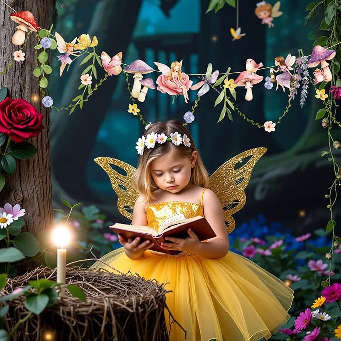 Fairy Mushroom Banner Wildflower Party Decorations Paper Flower Leaves Banner Fairy Garland for Wall Decoration Spring Baby Shower Wedding Backdrop Decorations