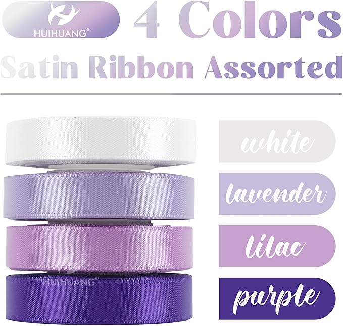 HUIHUANG Purple Satin Ribbon 1/2 inch x 4 Rolls White/Dark Purple/Lilac/Lavender Ribbon for Gift Wrapping DIY Crafts Hair Decor Flower Bouquets Wedding Decor- Total 40 Yards