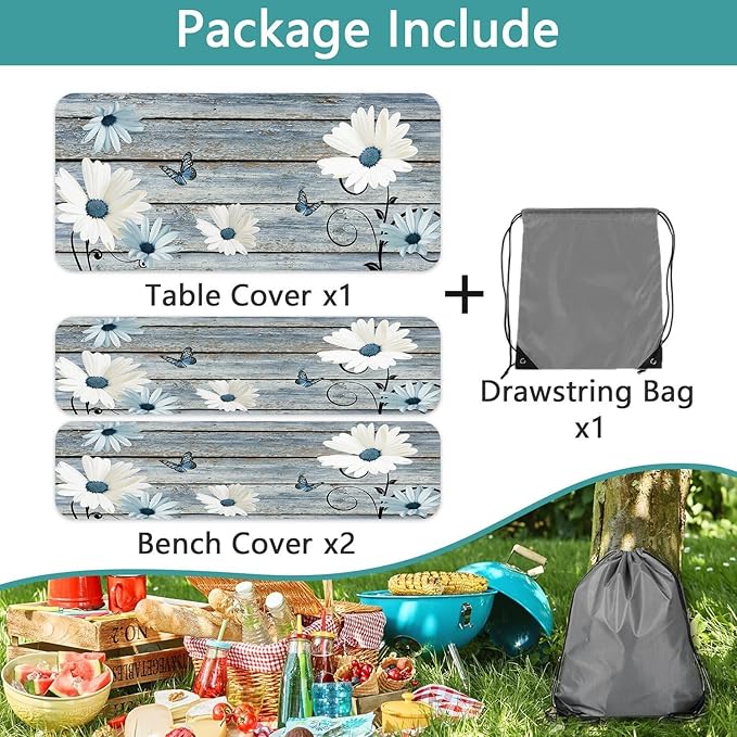 Rustic Daisy Picnic Table Cover with Bench Covers, Waterproof Farmhouse Vintage Floral on Wooden Board Blue Flower Tablecloth for Camping Indoor Outdoor Party Decorations, 30X96in