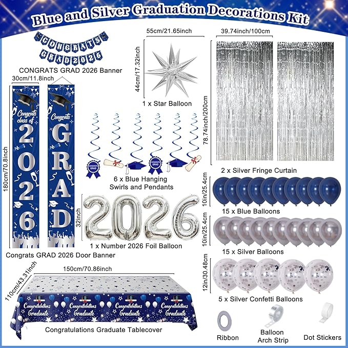 Graduation Decorations Class of 2026, Navy Blue and Silver Graduation Decorations, 2026 Graduation Party Decorations with Congrats GRAD 2026 Banner Tablecover Balloons for College High School Nursing