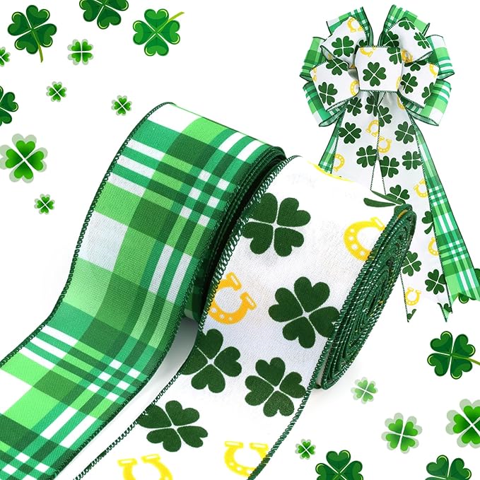 LaRibbons St Patricks Day Ribbon Wired 2 Rolls 2.5 Inch x 20 Yards Tt, Glitter Shamrock Green and White Plaid Ribbon for Crafts Supplies Wreath Bow Making DIY