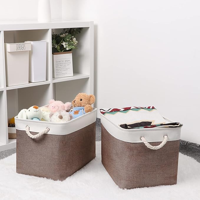 Bidtakay Large Storage Baskets with Handles for Organizing 16" x 11.8" x 11.8" Rustic Shelf Baskets [2-Pack] Foldable Clothes Baskets Fabric Collapsible Bins for Closet (White&Earthy Brown)