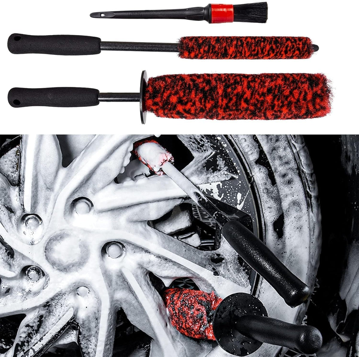 3 Pcs Soft Wheel Brushes for Cleaning Wheels Kit - 1x Synthetic Soft Car Wheel Rim Brush，1x Long Handle Cleaning Brush and 1x Car Detail Brush
