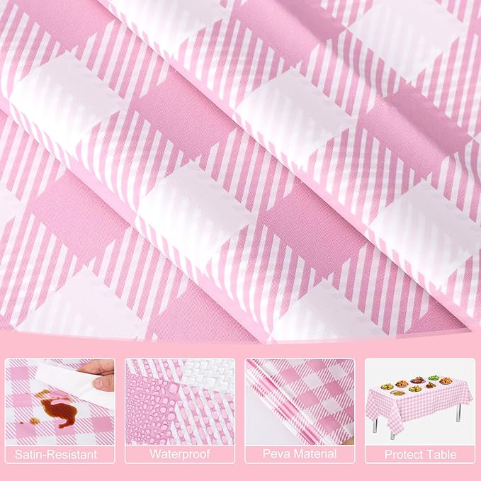 NatNarr 12 Pack Pink Gingham Tablecloths, 54 X 108Inch Scalloped Pink and White Checkered Table Cloth, Disposable Party Table Covers for Wedding Picnic Birthday Baby Bridal Shower Anniversay