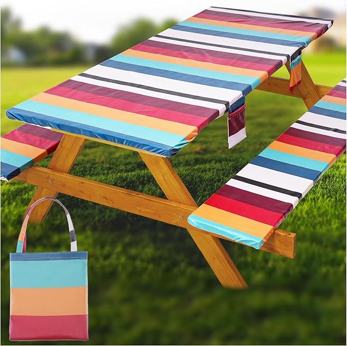 Fitted Picnic Table Cover with Bench Covers Waterproof Elastic Edges Rectangle Patio Tablecloth Outdoor Camping Essentials Stuff Rv Accessories Summer Trip Travel Supplies Party Camper Gifts, 8 ft