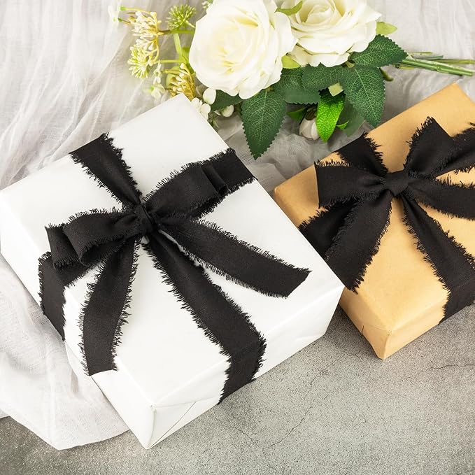 Black Cotton Ribbon 1 Inch Black 3 Rolls 21 Yards Frayed Edge Fabric Set for Wedding Decor, Graduation Party, Gift Wrapping, Gothic Party & Halloween Decor