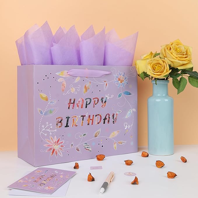 Qirrmiy 13'' Large Happy Birthday Gift Bag Set with Handles, Greeting Card, Purple Tissue Papers and Stickers for Women Girls, Purple Floral Design, 1 Pcs