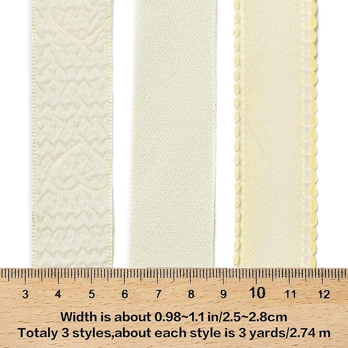 BEEFLYING 3 Styles Yellow Wire Edged Ribbons for Gift Wrapping, 25~28mm×2.7m Fabric Ribbons Strip Ribbons for Wedding Party Decoration Hair Bows Flower Bounquet Sewing and Craft, 9 Yards