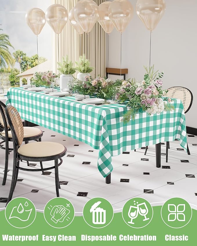 Smiry 20 Packs Gingham Disposable Table Cloth, 54 x 108 Inch Waterproof Plastic Tablecloth, Rectangle Teal and White Checkered Table Covers for Picnic, Birthday, Party
