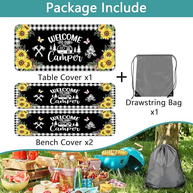 Sunflower Plaid Picnic Table Cover with Bench Covers and Bag, Camping Essentials, Checkered Floral Waterproof Windproof, Fitted Tablecloth Cover with Elastic Edge, Garden & Outdoor, 3 PCS, 30x60 Inch