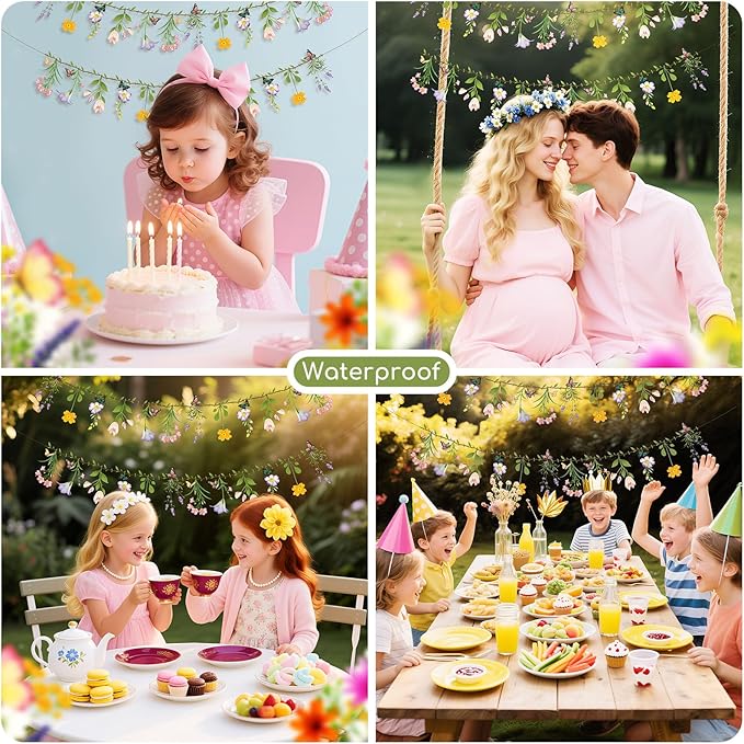 2PCS Flower Banner Reusable Wildflower Garland Floral for Spring Party Enchanted GardenTheme Picnic Wedding Baby Shower Birthday Tea Party Supplies Home Decorations (Green-Smaller)