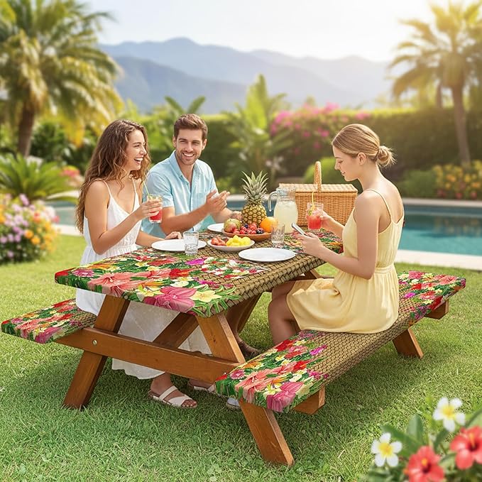 JAWO Hawaiian Tropical Floral Picnic Table Cover with Bench Covers, 3PCS Waterproof Polyester Elastic Fitted Outdoor Tablecloth, Camping BBQ RV Patio Luau Party Essentials with Carry Bag,96in