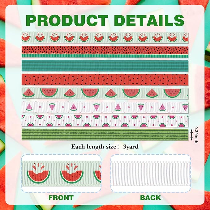 YKW Watermelon Grosgrain Ribbons 8 Pack - 3/8 Inch Summer Theme Ribbon Set, 3 Yards Each for DIY Crafts Party Decorations Hair Bows Gift Wrapping Arts