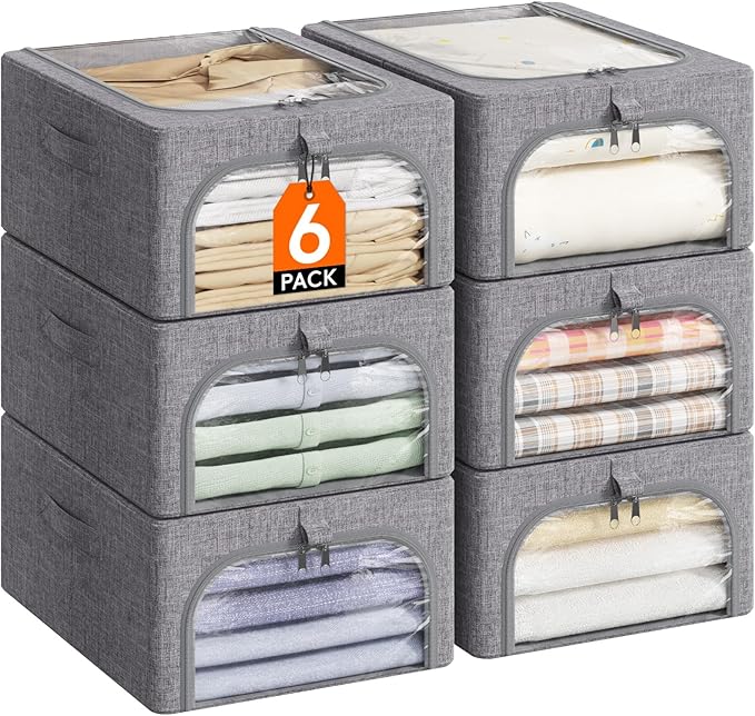 Lifewit Clothes Storage Bins with Metal Frame 6 Pack, Fabric Stackable Storage Bags with Lids, Zipper, Foldable Clost Organizers Containers for Clothing, Blanket, Winter Cloth, 25L
