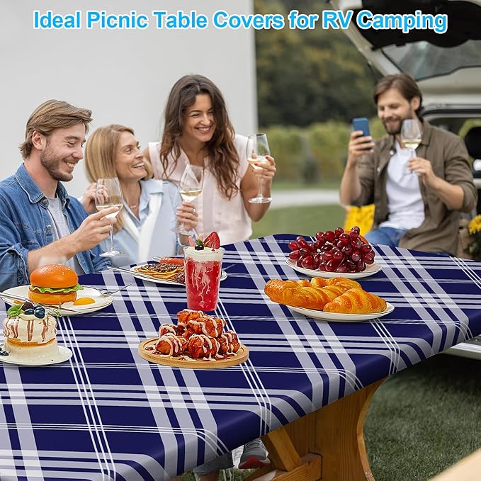 Picnic Table Cover with Bench Covers Portable Table Cloth Built-in Storage Pocket Picnic Table Covers With Elastic Waterproof Camping Essentials for RV Camping
