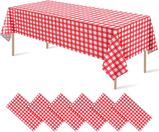 6 Pack Red and White Plastic Checkered Tablecloth, Premium Decorative Disposable Red Gingham Plaid Table Cloths for Parties, Rectangle Party Table Cover for Picnic Farm Birthday Wedding, 54x108 Inch