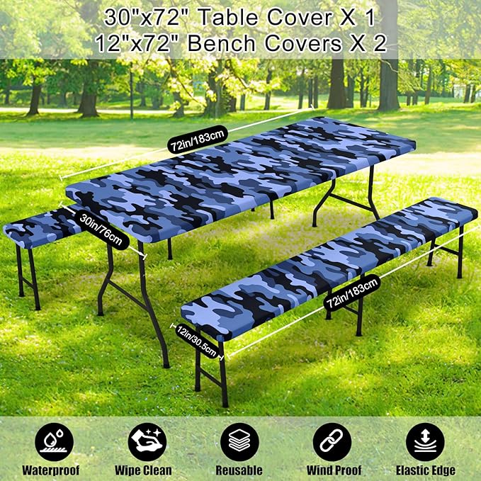 Smiry Picnic Table Cover with Bench Covers, Waterproof Elastic Fitted Tablecloth for 6 Foot Tables, Washable Polyester Camouflage Tablecloths for Camping & Indoor (Ocean Blue, 30x72 Inch 3-pc Set)