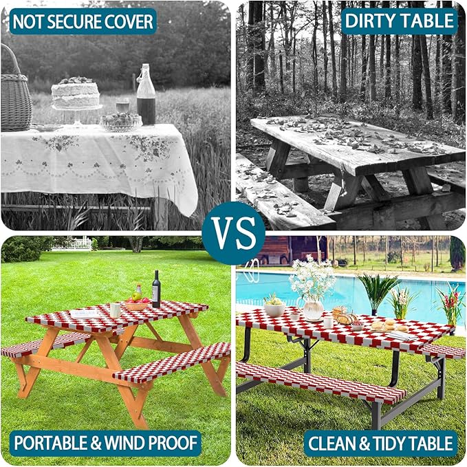 Picnic Table Cover with Bench Covers and Bag, Red and White Checkered Gingham Buffalo Plaid Camping Tablecloth Waterproof Windproof Elastic Edges Fitted Tablecloths for Outdoor Garden 3PCS 30x60 Inch