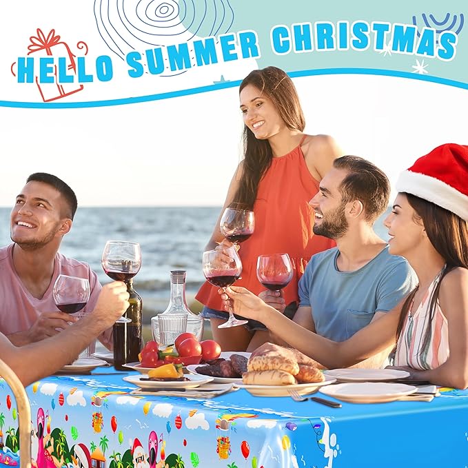 QZYL 3 Pcs Christmas July Tablecloths, 51 x 86.6 Inch Waterproof Summer Christmas Tablecloth, Disposable Santa Plastic Rectangle Table Cover, for Pool Beach Indoor Outdoor July Xmas Decorations
